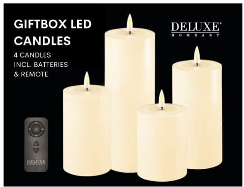 Deluxe Homeart Flammenlose LED-Geschenkbox für den Innenbereich, 4er-Set, mit Fernbedienung und Batterien, Real Flame™️ Technologie, batteriebetriebene Kerzen (cremefarben)