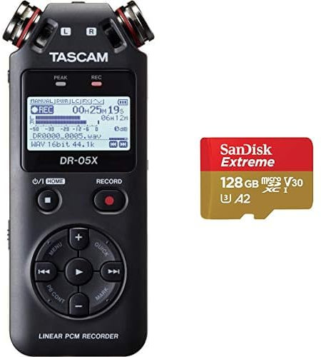 Tascam DR-05X portable audio recorder, usb2.0 & SanDisk 128GB Extreme microSDXC card + SD adapter + RescuePRO Deluxe, up to 190MB/s, with A2 App Performance, UHS-I, Class 10, U3, V30, Black