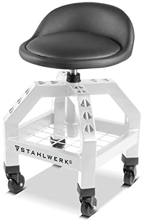 STAHLWERK Höhenverstellbarer Werkstatthocker VWH-300 ST mit großem Ablagefach, bis 136 kg belastbar, 59-76 cm Sitzhöhe, Rollsitz/Rollhocker mit kugelgelagerten Leichtlauf-Lenkrollen