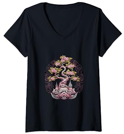 Orchidee Blume Bonsai Japanische Baumpflanzen Gartenarbeit T-Shirt mit V-Ausschnitt