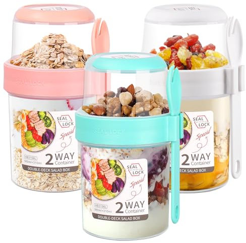 Lot de 3 tasses à petit-déjeuner à 2 niveaux, 310 ml + 560 ml, pots à yaourt avec couvercles et cuillère, récipient réutilisable pour l'avoine, le petit-déjeuner, le muesli, les fruits, les salades,