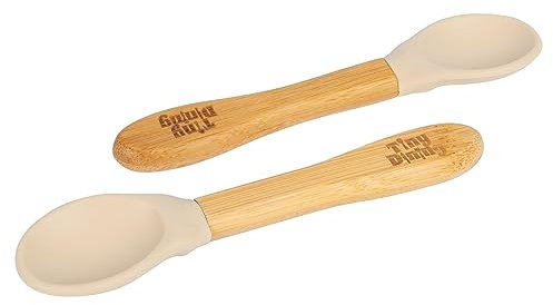 Tiny Dining 2X Beige Bambou Bébé Sevrage Cuillères avec Silicone Pointe Souple - sans BPA Sevrage Dirigé par Bébé Cuillères pour Self Alimentation Bébés Première étape
