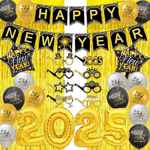 Silvester Deko 2026, Neujahrsdeko Set Happy New Year Banner 2026 Folienballons Silvester Ballons Gold Tinsel Vorhänge Neujahr gläser für Silvester Party Deko 2026