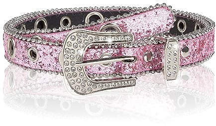 JK Home Ceinture Paillette Homme Femme Faux Cuir Cristal avec Trou Aiguille Boucle en Métal Western Cow-boy Cow-girl pour Pantalon Brillant Rose 2.5cm