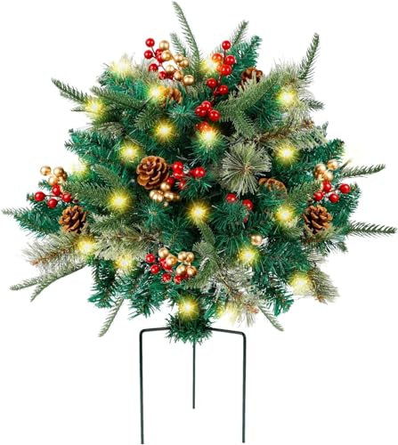 Lighted Artificial Christmas Christmas Tree, Pre-lit Xmas Pine Trees with Cones, Golden & Red Berries, Tripod Stake and 60 LED Lights, Outdoor Light Up Planter Filler Holiday Home Decor (1 Pack)