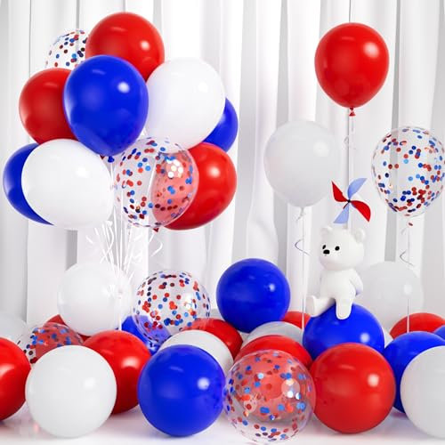 Red Blue White Balloons, 30Pcs Matte Red White and Blue Balloon 12 Inch Red Blue Confetti Balloons with Ribbons for Boys King Coronation Birthday Party National Independence Day Graduation Decoration