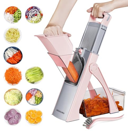 VEGGURU Mandolina de Grosor Ajustable para Cocina - Cortador de Verduras, Cebolla, Papas, Juliana, Tomate y Frutas (Rosa)