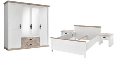 Furn.Design Schlafzimmer komplett Set in weiß Pinie und Oslo Pinie Landhaus Komplettzimmer mit Bett 140cm, Kleiderschrank und 2 x Nachttisch im Landhaus Stil Schlafzimmermöbel Rovola (Set 2)