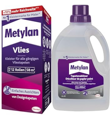 Metylan Vlies, Tapetenkleister für Vliestapeten, Kleister mit hoher Ergiebigkeit (1x360g) & Metylan Tapetenablöser Aktiv-Konzentrat, löst schnell und problemlos (1x 1l)