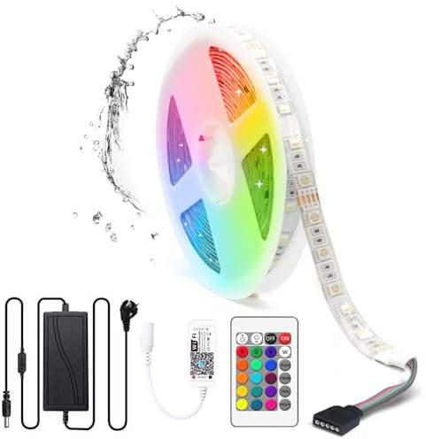 5M WiFi RGBW LED Streifen 24V Wasserdicht IP65, LED Strip RGB+Warmweiß 3000K dimmbar mit Controller und Netzteil, 60LEDs/m Farbwechsel LED Band für Innen Außen, Kompatibel mit APP Alexa, Google home