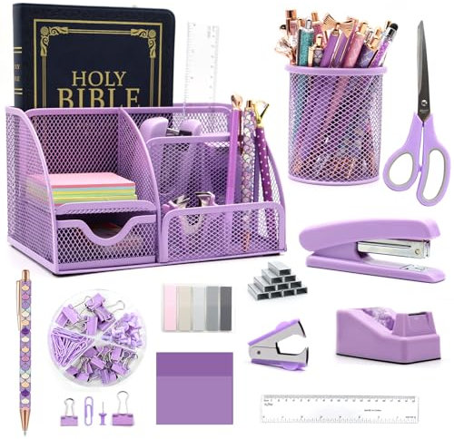 12 in 1 Purple Desk Organizers and Accessories Set purple Office Supplies purple Stapler Pen Holder Tape Holder Staples Scissors Ruler Staple Remover for Home School Gifts for Coworkers Woman Men