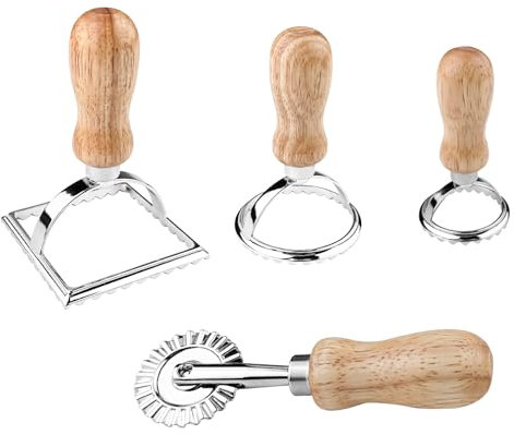 Relota 4er Set Ravioli Maker, Ravioli Ausstecher Former, Teigtaschenformer, Teigrädchen Gewellt, Ravioli Roller mit Holzgriff, Ravioli Stempel mit Geriffelten Rand, Multifunktional Nudelschneider