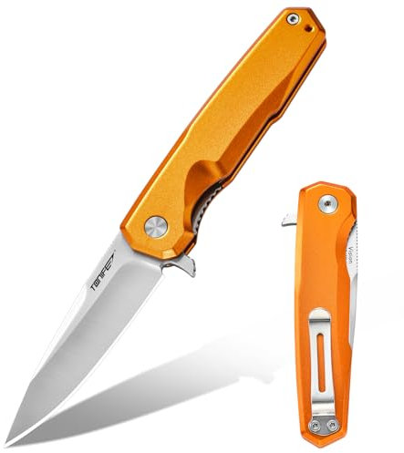 TONIFE Vision Couteau Pliant d'extérieur avec Lame 8Cr14MoV et Manche en Aluminium Couteau de Survie avec Clip de Poche pour le Camping et l'artisanat (Orange - Satin)