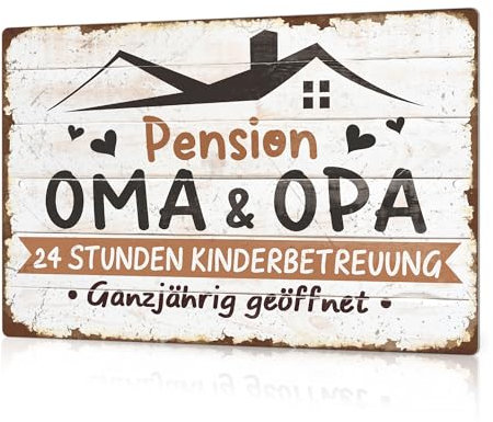 Putuo Decor Metallschild Pension Oma & Opa | 24 Stunden Kinderbetreuung | Vintage Blechschild Familienhaus Deko | Ganzjährig Geöffnet Schild