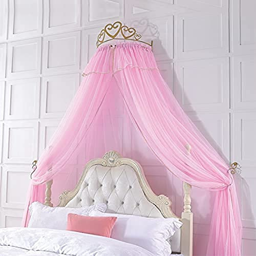 Prinzessinnen-Himmelbett für Mädchen und Kinder mit Metallkrone, dekorativen Betthimmeln und Vorhängen, verträumte Netz-Moskitonetz-Bettwäsche für Einzel- bis Kingsize-Betten, Pink, 1,8 m Be