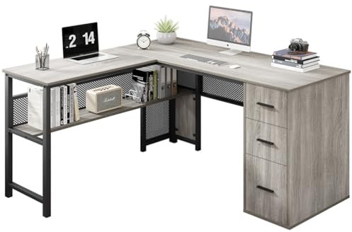 LVB Gray Wendbarer L-förmiger Eckschreibtisch, Bauernhaus-Holz, Computertisch mit Aktenschubladen, Schränken, großer Arbeitstisch, Arbeitszimmer, Chefbüro, Schreibtisch mit Ablagen für Schlafzimmer