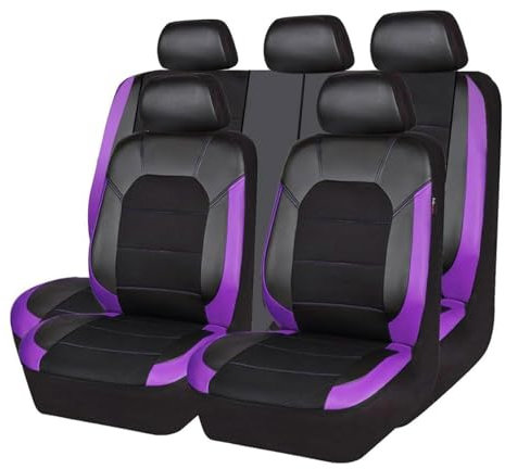 MaKeMoney 9 Stück Auto Sitzbezüge FüR Fo-rd Fiesta Mk7 2009 2010 2011 2012 2013 2014 2015 2016 2017, Leder Sitzschoner Schonbezug Wasserdichter Sitzbezug-Sets Zubehör, D/Black Purple