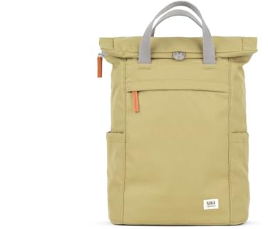 ROKA London Finchley A Medium Recycled Canvas (Khaki) | Roll top backpack with spacious storage, padded laptop sleeve, side bottle pockets, secret pocket and adjustable straps