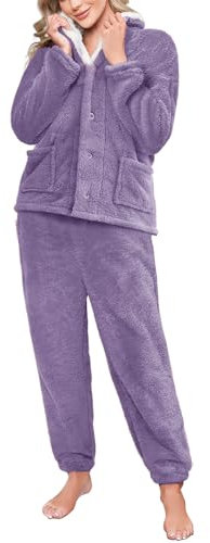 RITOSTA Pigiama Donna Invernale Lungo Pigiami in Pile Due Pezzi Morbido Pigiama Natalizio Felpa Manica Lunga e Pantalone Sleepwear Sets Caldo Completo Tuta Invernali con Pulsante (Viola,S)