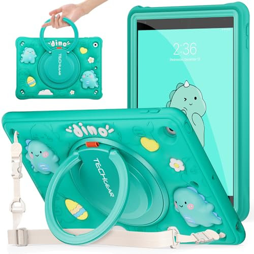 TECHGEAR BubblyToons - Funda infantil para iPad de 10.2 pulgadas 2021/2020/2019 [9ª/8ª/7ª generación], apta para niños, suave y resistente, soporte giratorio y agarre de anillo, diseño de dinosaurio