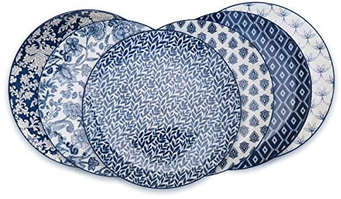 Artime - Lot de 6 Grandes Assiettes Bleues et Blanches, Vaisselle avec Motifs, Assiettes en Porcelaine, Assiettes Adaptées au Lave-vaisselle et Micro-onde