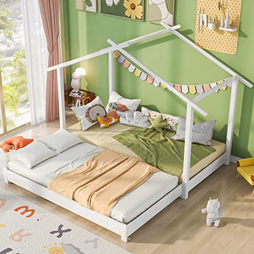 Rtopsu Letto per Bambini 90x190 cm con Letto Estraibile, Letto a Soppalco con Rete a Doghe in Legno, Letto Casa Struttura del Letto per 1-2 Ragazzi, Arredamento, Bianco, Senza Materasso