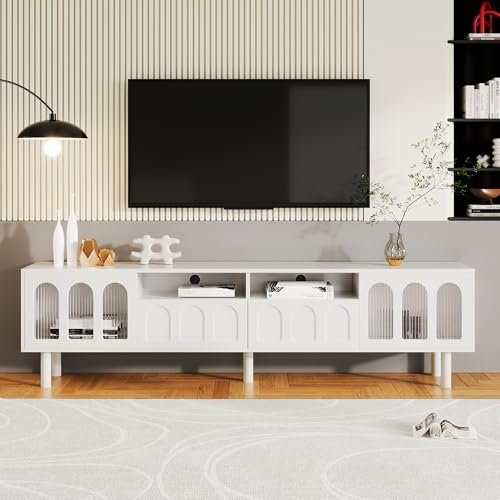 BTM Meuble TV Moderne, Meuble TV Blanc avec 2 Compartiments, 2 Portes et 2 Tiroirs, Banc TV pour Salon, Charge de 70-79 Pouces, Capacité de 45kg, 180x48x30cm