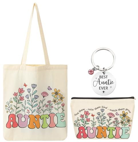 ViEinkaufen Auntie Gifts Canvas Tote Bag with Inner Pocket Women's Reusable Shopping Bag Flower Cotton Makeup Bag Canvas Washable Foldable Bag Birthday Gifts For Women, weiß, 35 x 40cm