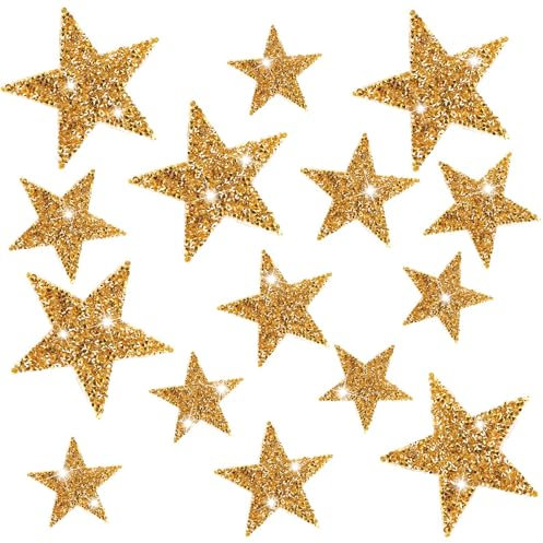 15pcs Rhinestone Star Patches, Iron on Sequin Star Patches, Glittering Shiny Star Heat Press Patches, Iron on Adhesive Repair Applique for Clothes Bags Hats (Gold)