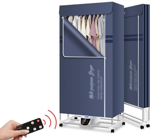 Secadora de Ropa Portátil, Secadora de Ropa Eléctrica de 400 W con Control Remoto y Ruedas, Tendedero de Ropa con Calefacción Plegable de 2 Niveles con Temporizador de 240 Minutos, Rejilla