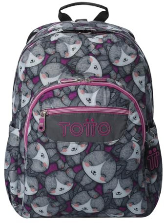 TOTTO - Mochila Escolar Adaptable a Carro, Modelo Acuareles, Capacidad 20 L, Bolsillo para Pc 14, 2 Bolsillo Botella, Espaldar Ergonómico con Flujo de Aire, Correas en S, Estampado Kitten Rose