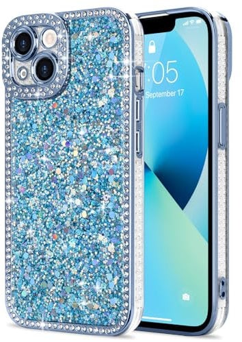 Lafunda for iPhone 13 Case for Womens Girls, Luxury Bling Glitter Diamond Crystal Festival Shiny Case Camera Protection Shockproof Silicone TPU Phone Cover for iPhone 13 6.1, Blue