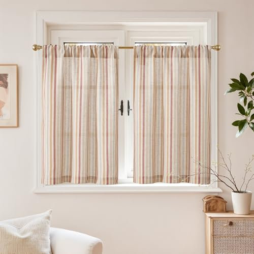 TOPICK 2er Set H 90 x B 65 (cm) Gestreifte Scheibengardinen Leinen Gardinen mit Streifen Küchenvorhang Blickdicht Kurz Küchengardinen für Küchen Esszimmer Badezimmer Klein Fenster Gemischte Rot