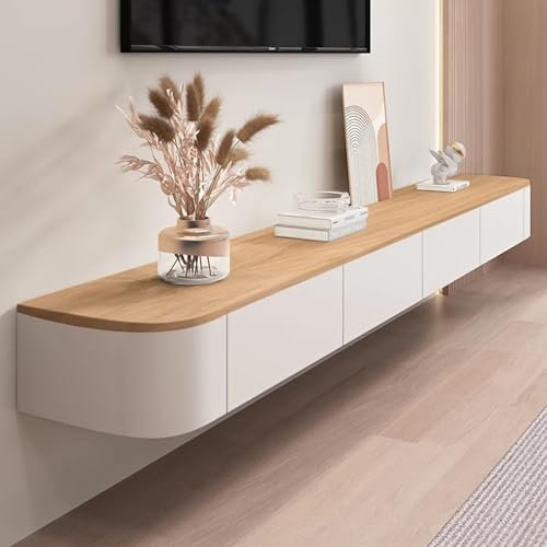 Kroscro Floating Tv Unit Wood Tv Stand Cabinet Multifunctional Tv Stand with Storage Tv Cabinet for Living Room Applies to Media Wall Unit for living room or bedroom (Wood + White,180cm/71in)