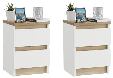 ComfortCove Table de Chevet Lot de 2, Table de Nuit avec 2 Tiroirs, Meuble de Rangement pour Chambre, Style Moderne, Blanche/Chêne