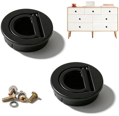 PHMING 2 Pièces Poignée Encastrable Noir, 4 cm de Diamètre | Poignée Ronde Encastrable, Poignee Meuble, avec Vis et Rondelles, Convient aux Tiroirs, Armoires, Commodes