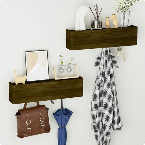DUKZURA Wandgarderobe mit Ablage aus Massivholz - Kleiderhaken mit Regal 2 Stück mit 4 Verdeckten Haken - Platzsparendes Garderobenpaneel mit Schlüsselbrett für Flur, Schlafzimmer, Wohnzimmer, Braun