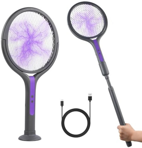 Focenat Rotierender Kopf Wiederaufladbar Elektrische Fliegenklatsche Elektrisch Extra Stark Elektro Fliegenklatsche Elektrisch Fliegenfalle Mückenfalle Mit einem Teleskop Verlängerungsstab