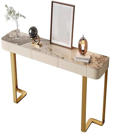 lyxamjrzyp Console Meuble Entrée Moderne avec Plateau en Pierre, Table Longue pour Couloir ou Salon, Structure Métallique Dorée, Table d’Appoint Étroit Design Chic(Beige Gold,31.4in/80cm)