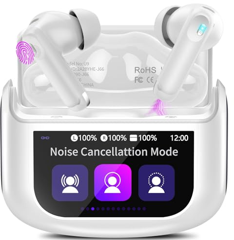Auriculares Inalambricos Bluetooth con Pantalla Táctil LED, 48H Auriculares Bluetooth 5.4 HiFi Estéreo, 4 HD Mic con Reducción de Ruido ANC+ENC, IP7 Impermeable/5 Modos EQ Cascos Inalambricos Blanco