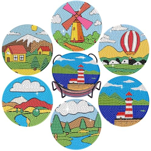 EFNHJF5 6 Stück Cartoon-Thema Diamond Painting untersetzer mit Holder, Diamond Painting für Erwachsene und Kinder, Geburtstagsgeschenk