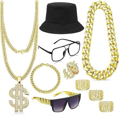 GLEEMEN Zuhälter Kostüm Set, 80/90er Jahre Hip Hop Rapper Kostüm, 80er 90er Jahre Outfit Herren Damen Karneval Kostüm, Metall Große Goldkette, Dollar Kette Ring für Halloween Fasching