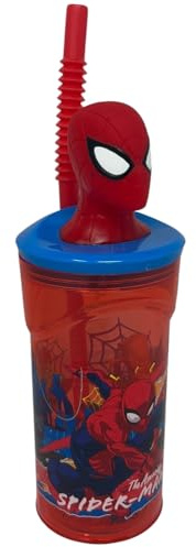 CARTOON Bicchiere con cannuccia con personaggio 3D in plastica riutilizzabile BPA Free capacità 360 ml (Spiderman)