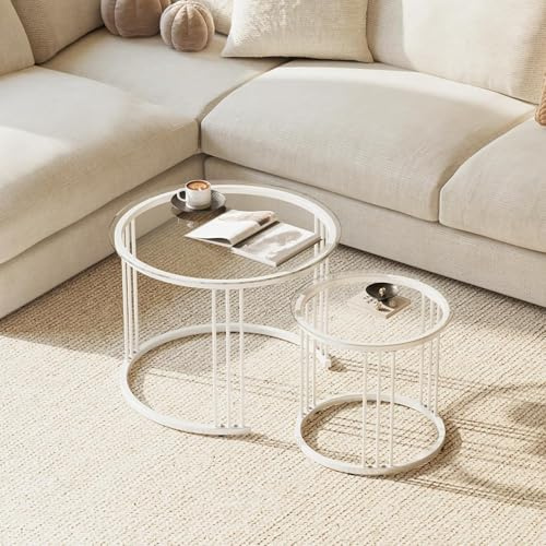 Huhote Round Coffee Tables, Set of 2 End Table, Nesting Tables, Side Table with Metal Frame for Living Room/Bedroom/Balcony/Office/Apartment, Diameter 23.6/15.7 IN (White with Clear Glass)