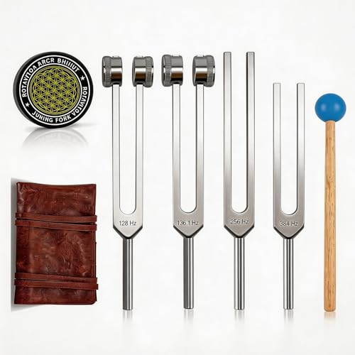 Weciau Tuning Forks for Healing Set, 128Hz 136Hz 256Hz 384Hz with Activator and Leather Storage Pouch, Aluminum Alloy Sound Healing Instrument, Ideal Spiritual Gift for Women Chakra, Yoga, Meditation