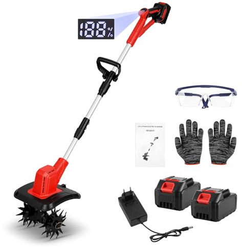 Fogmiea Elektrische Bodenhacke geeignet für 21V Batterien, 400W Motorleistung, 15 cm Bodenbearbeitungstiefe, 20 cm Arbeitsbreite, Elektrische Motorhacke (Rot)