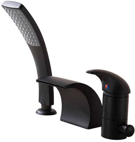 Générique Robinet Mitigeur de Baignoire 3 Trous avec Douche Cascade en Laiton Noir pour Eau Chaude Et Froide