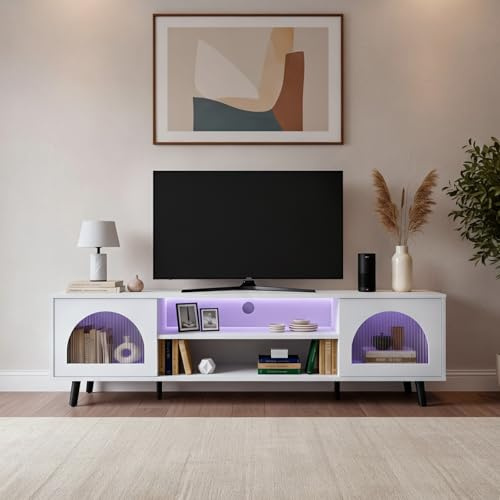 Bonnlo LED TV Unit with 16 Colour Lights - 160cm TV Stand Cabinet for Living Room, Media Console for TVs up to 65 inch (Choose Your Finish) (White)