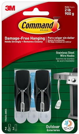 Command Outdoor Black Stainless Steel Wire Hooks - 2 Hooks, 3 Adhesive Strips - Damage Free Hanging