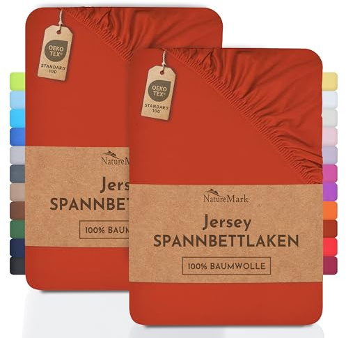 NatureMark 2er Pack Jersey Spannbettlaken, Spannbetttuch 100% Baumwolle in vielen Größen und Farben MARKENQUALITÄT ÖKOTEX Standard 100 | 90 x 200 cm - 100 x 200 cm - rost rot